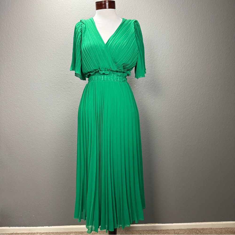 Zara Green V-neck Pleated Pull over Midi Dress Sz XS Flowing Party - Picture 8 of 8